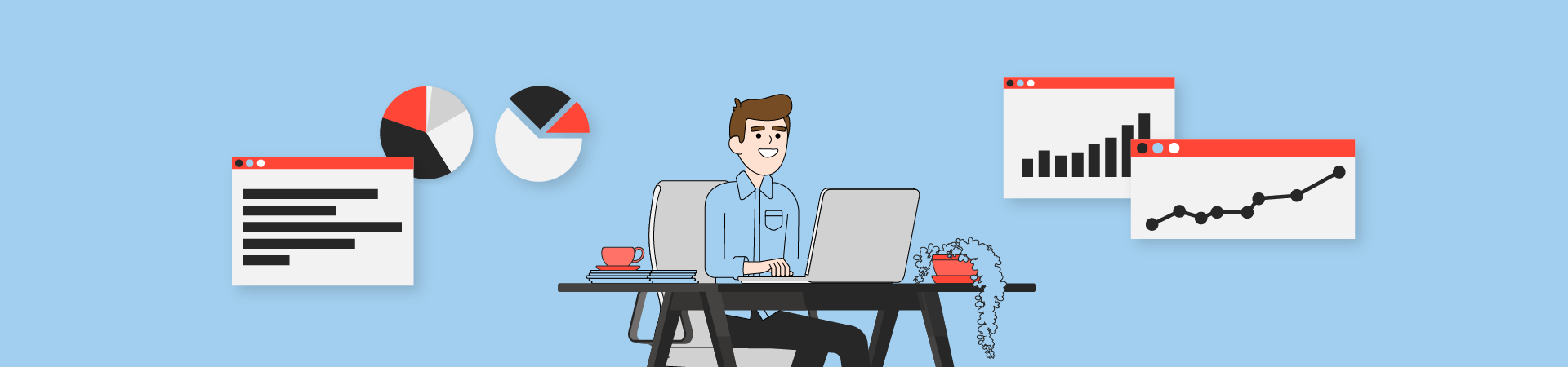 illustration of man sitting at desk surrounded by graphs