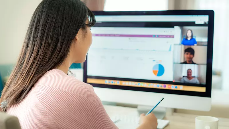 woman checks program on computer