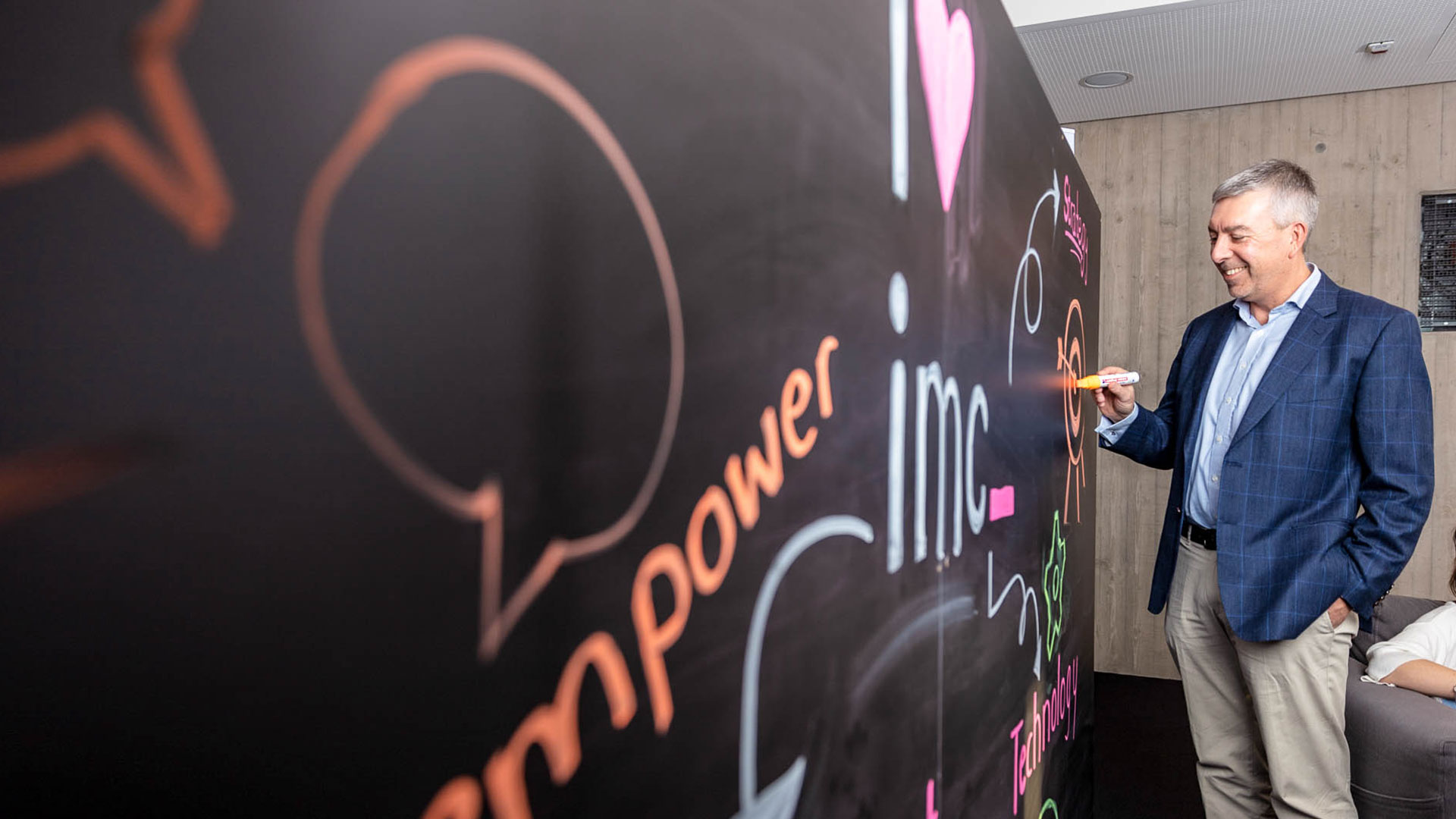 imc employee creating innovative solutions on wall with colourful marker