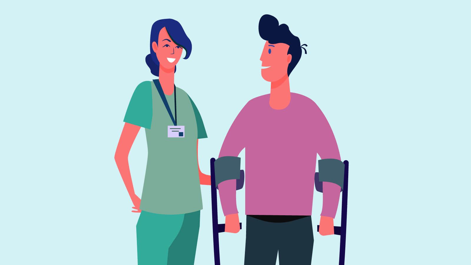 man on crutches is assisted by nurse