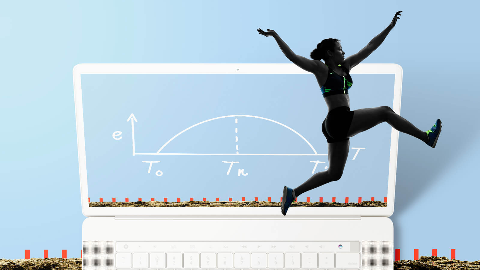 woman does long jump in front of computer