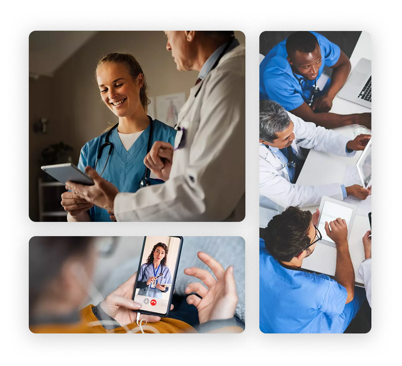 Fotos von Fachkräften im Gesundheitswesen, die am Arbeitsplatz lernen